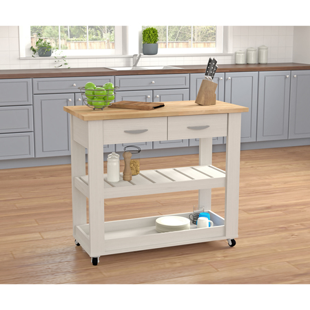 INVAL Kitchen Cart in Washed Oak with Teak top 46.8 in. W x 33.8 in. H x 19.7 in. W CR-2007